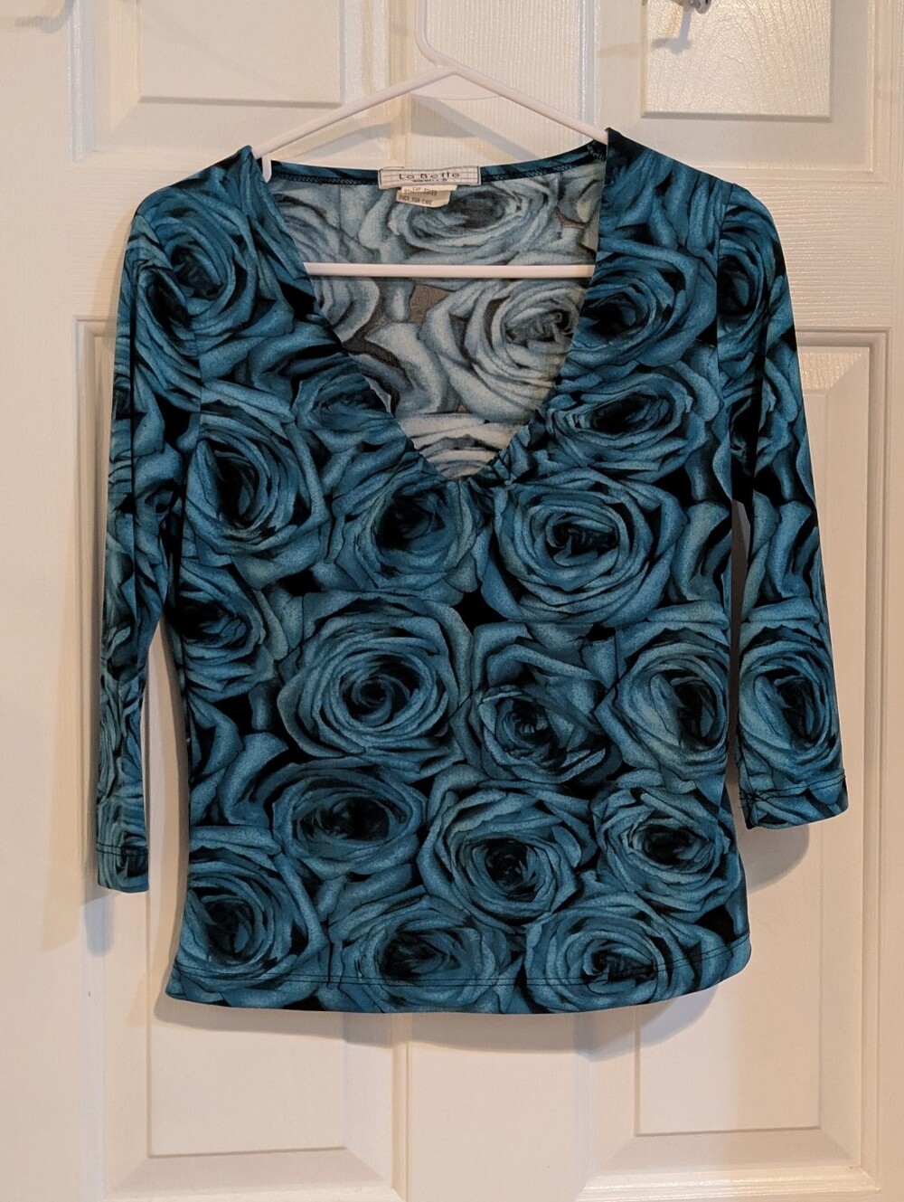 La Belle Teal Rose Print V-Neck Long Sleeve Top